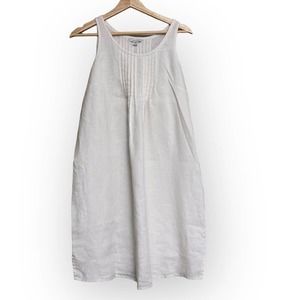 Garnet Hill Pintucked Linen Dress White 8 Sleeveless Shift Midi